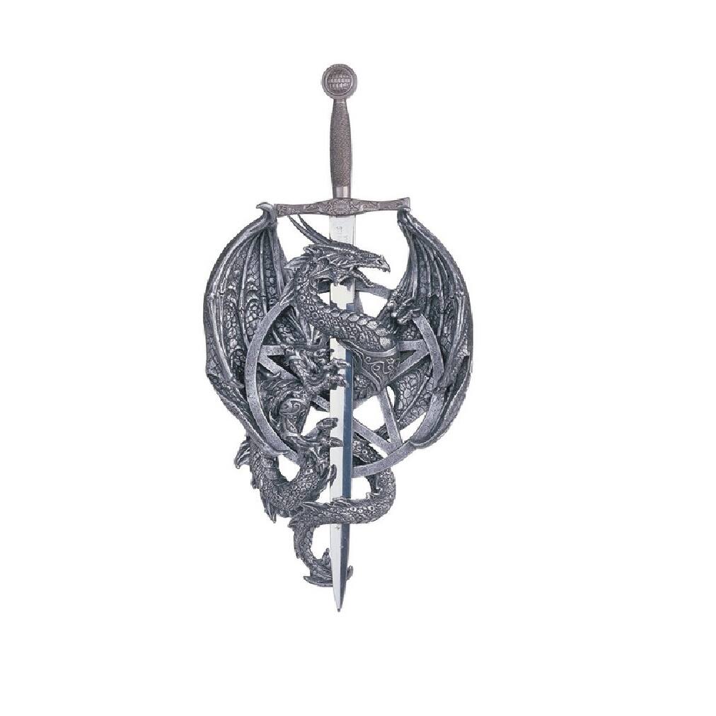 LBK FURNITURE Medieval Silver Dragon with Sword Statue 11"H Fantasy Collectible Figurine