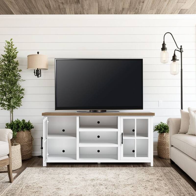 Bridgevine Home Modern Farmhouse 67 inch TV Stand Console for TVs up to 80 inches, No Assembly Required, Two-Tone Finish