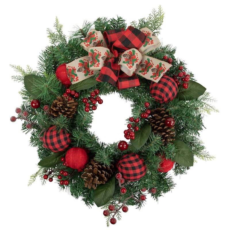 Green Pine Artificial Christmas Wreath with Bows and Plaid Ornaments 24-Inch Unlit - 24"