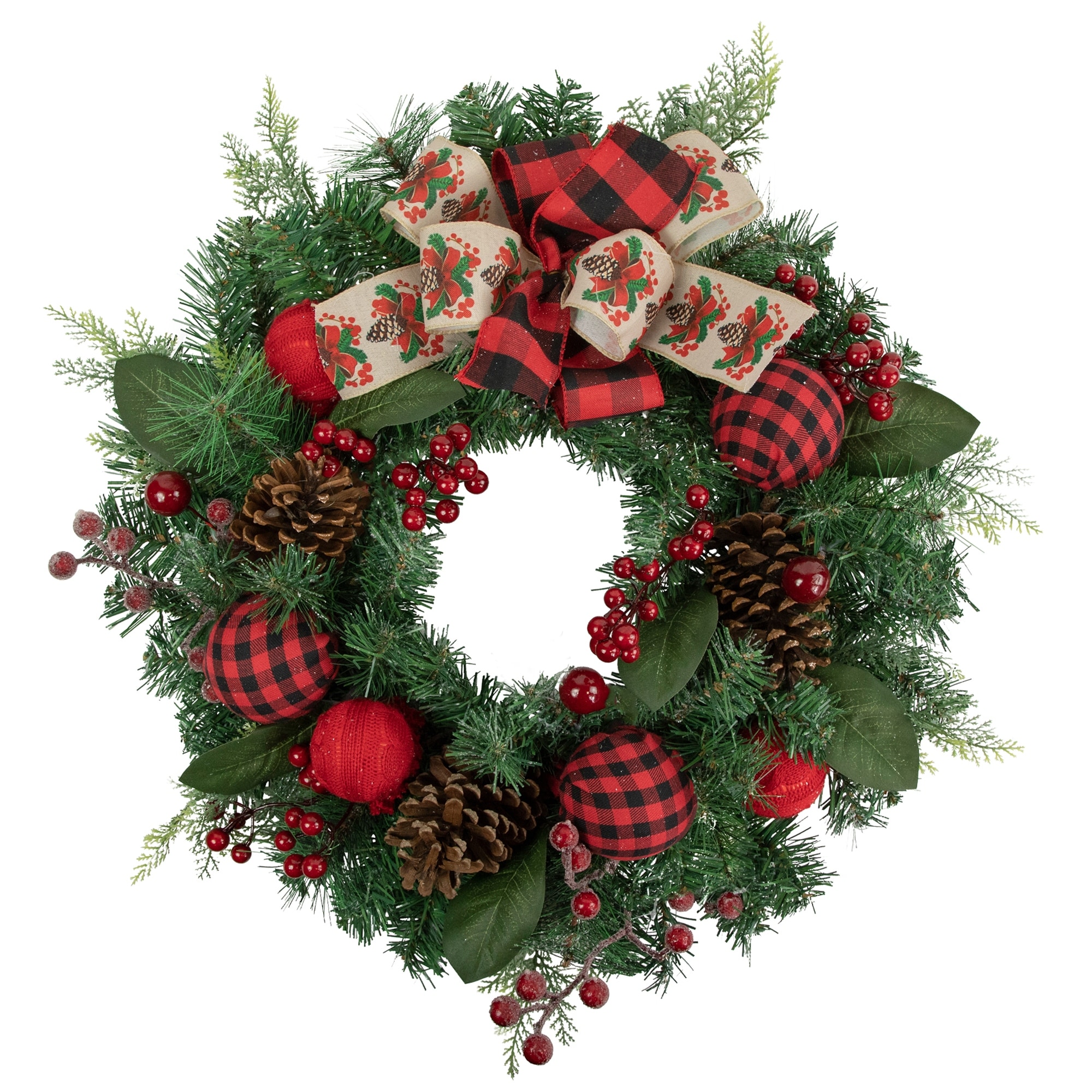 Green Pine Artificial Christmas Wreath with Bows and Plaid Ornaments 24-Inch Unlit - 24"