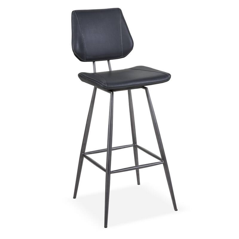 Leather Upholstered and Metal Bar Height Stool, Stitch Details, Set of 2, Black