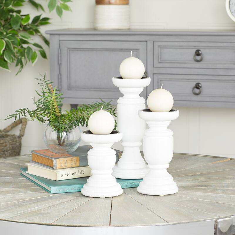 White, Black, or Gold Mango Wood Turned Style Pillar Candle Holder (Set of 3) - S/3 10", 8", 6"H - White