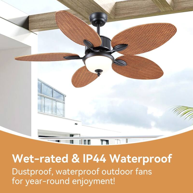50 Inch Tropical Ceiling Fan with Palm Leaf Blades Glass Cover Remote Control Waterproof for Indoor and Outdoor Patio