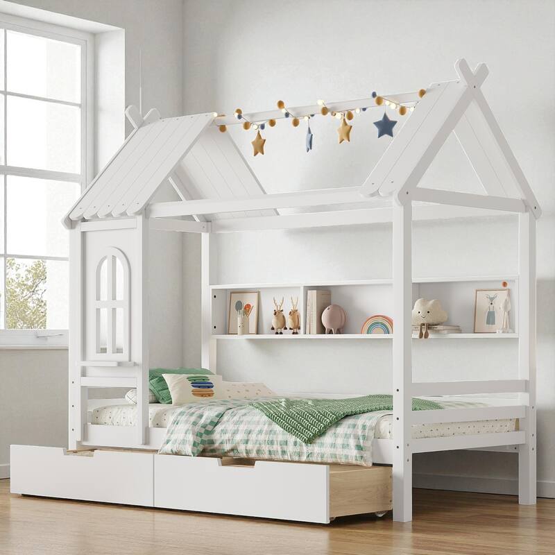 Twin/Full Size Wooden House Bed with Drawers and Shelves, Kids Platform Bed Frame with Window Roof Design
