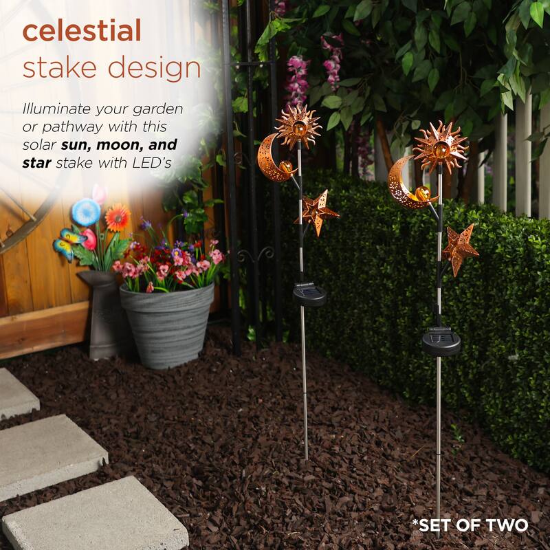 Alpine Corporation SBY100SLR-2 Celestial Solar LED Stake, Sun, Moon, and Star Pathway Lighting for Walkway, 38"H, Black Set of 2