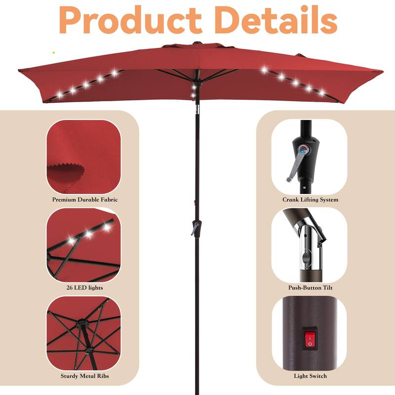 6.5*10ft Rectangular Patio Market Umbrella with LED Lights,Crank & Tilt