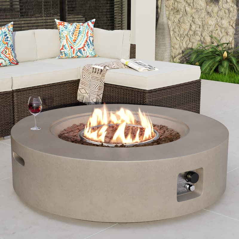 COSIEST Ecru Round Outdoor Propane Fire Pit Tank Outside