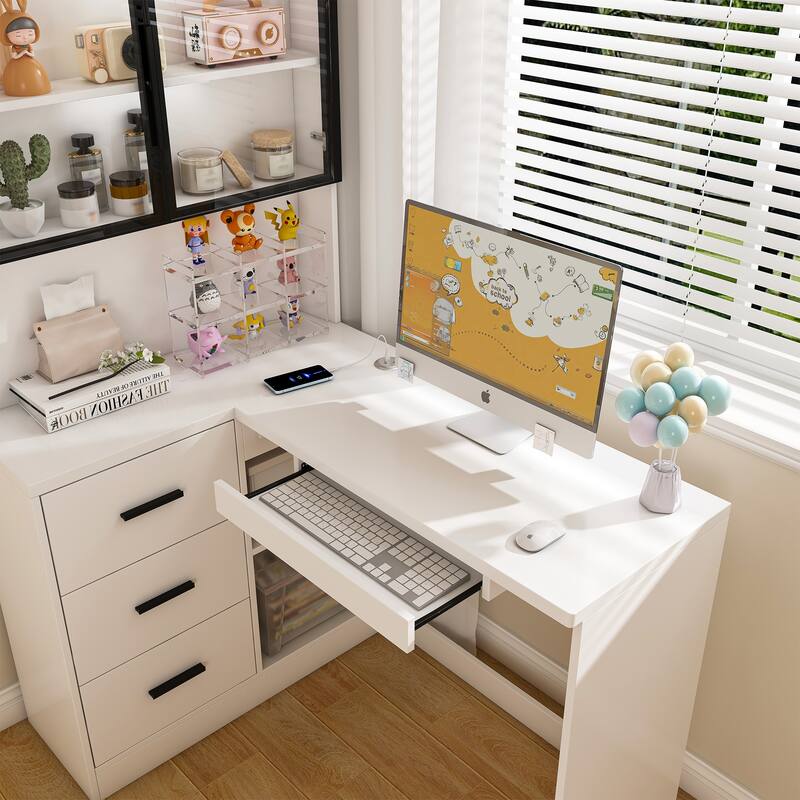 Computer Desk with Glass Cabinets & Built-In LED Lights, Corner L-Shaped Office Desk with USB Charging Ports, Keyboard Tray