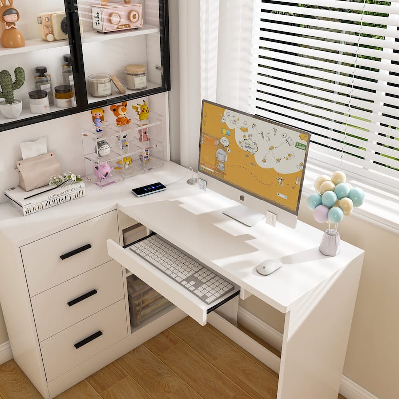 LED-Lit L-Shaped Office Desk with Glass Cabinets, USB Ports, Keyboard Tray, Wood Storage Corner Computer Desk for Home/Work