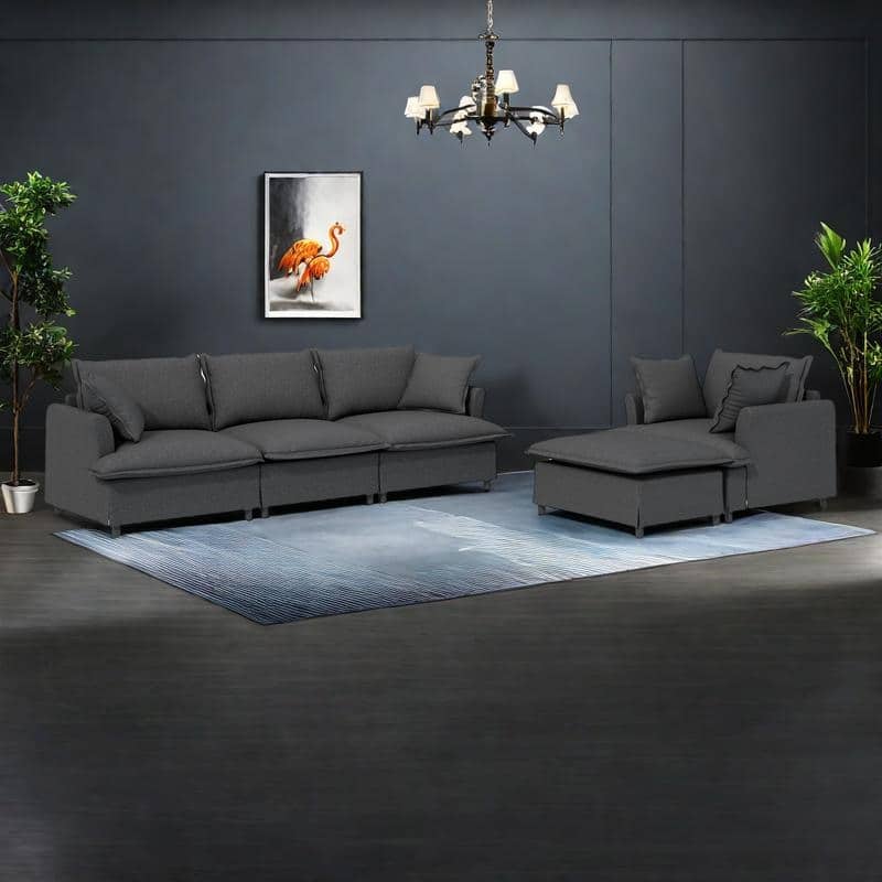 3-Pieces Chenille Modular 5-Seat Sectional Sofa Set with Ottoman, and Pocket Spring Cushions (3-Seater + Armchair + Ottoman)