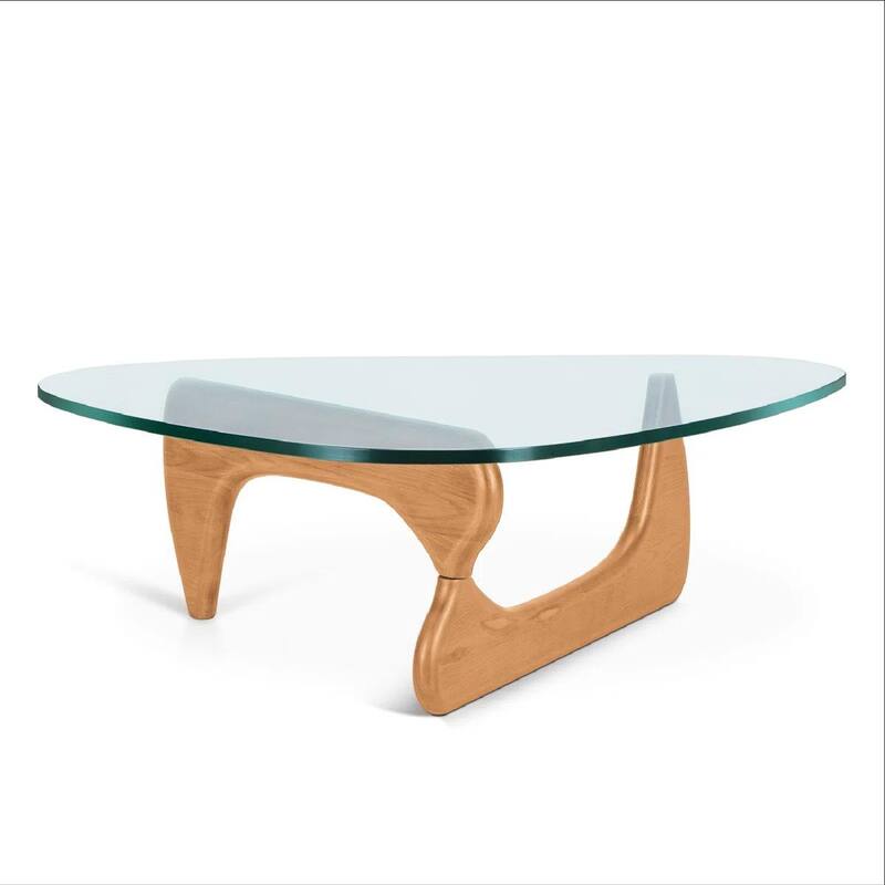 Modern Triangle Glass Coffee Table with Solid Wood Base