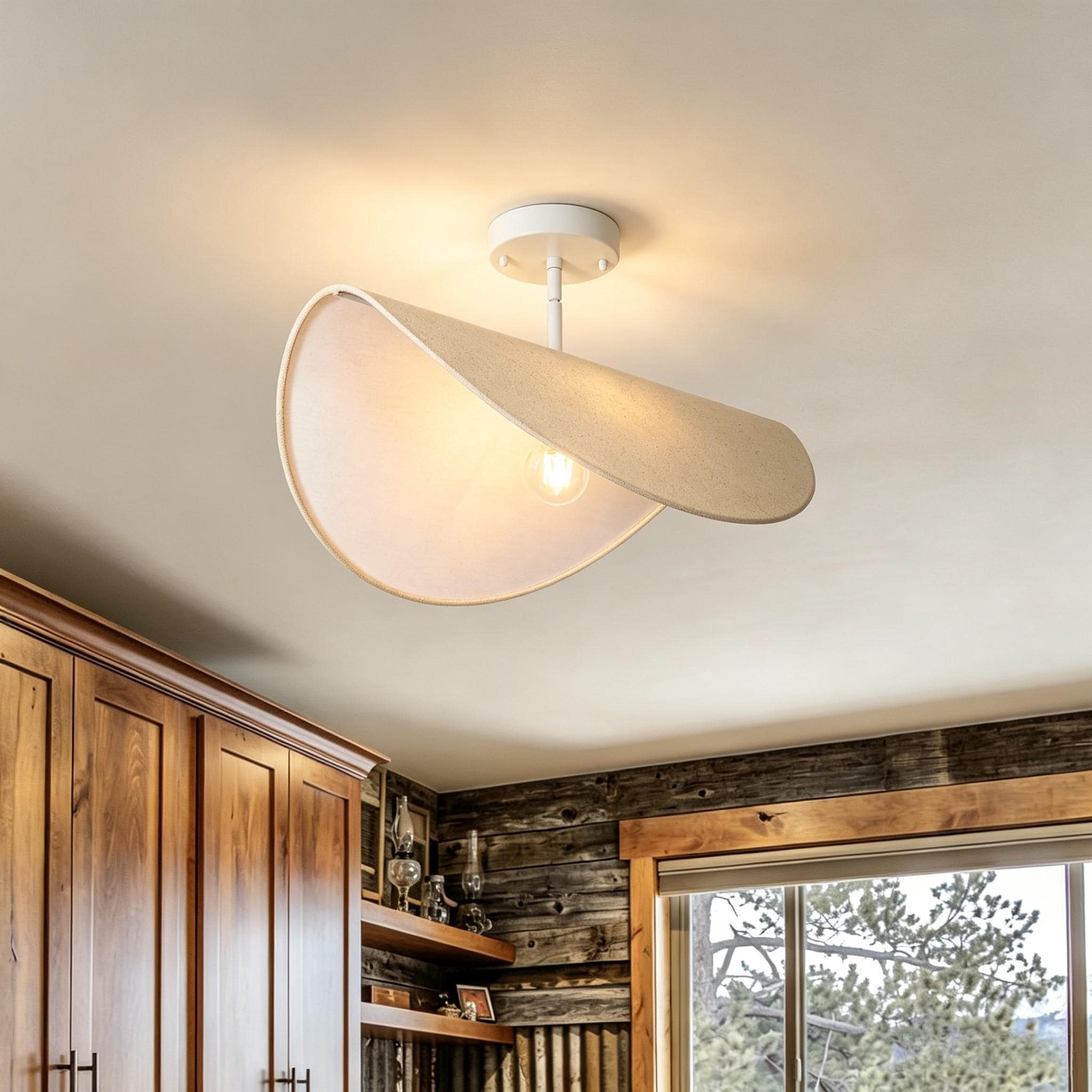 Rennnsan 1-Light Fabric Semi Flush Mount Ceiling Light with Curved Shade for Bedroom & Living Room - 21.6 in. W x 12.2 in.H
