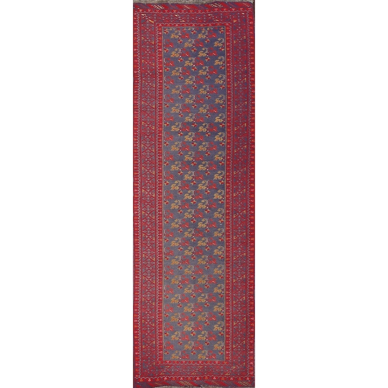 Hand Knotted Oriental 100% Wool Carpet Traditional Floral Navy Blue & Blues Balouch Runner Rug - 9' 5'' X 2' 8''