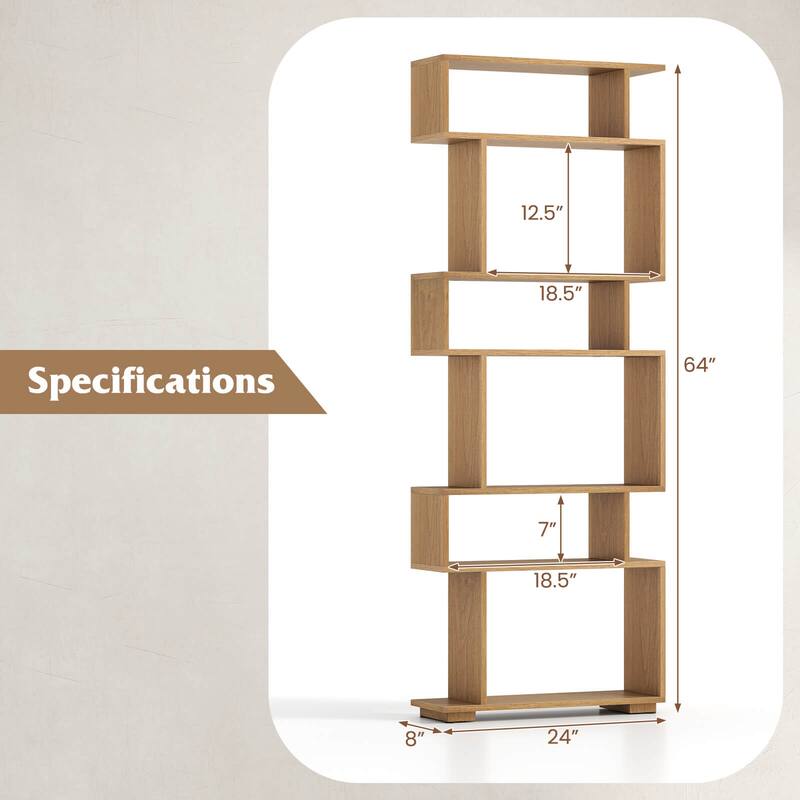 Costway 6-tier Storage Bookshelf S-shaped Geometric Bookcase with - See Details