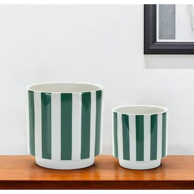 HomeRoots Set of Two Green And White Dolomite Striped 4 Ounce Round Pot Planters - 5.5' X '5.75' X '5.5