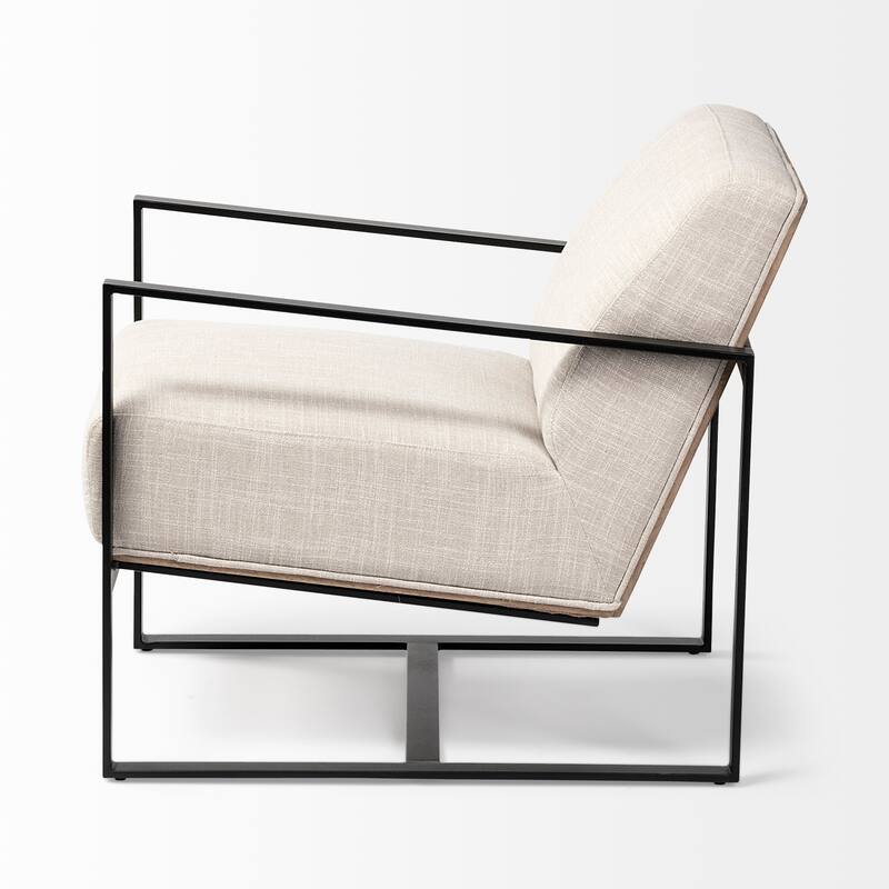 Stamford Black Genuine Leather w/ Light Brown Solid Wood Back & Black Iron Frame Accent Chair