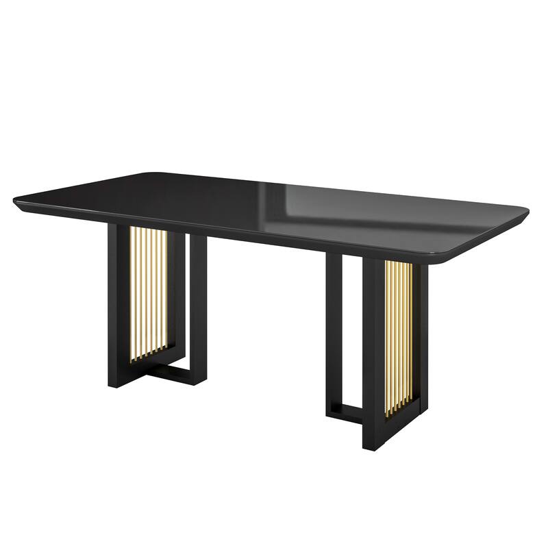 6 Seater Dining Table with Tempered Glass Top and Gold Accents Modern Design - Black