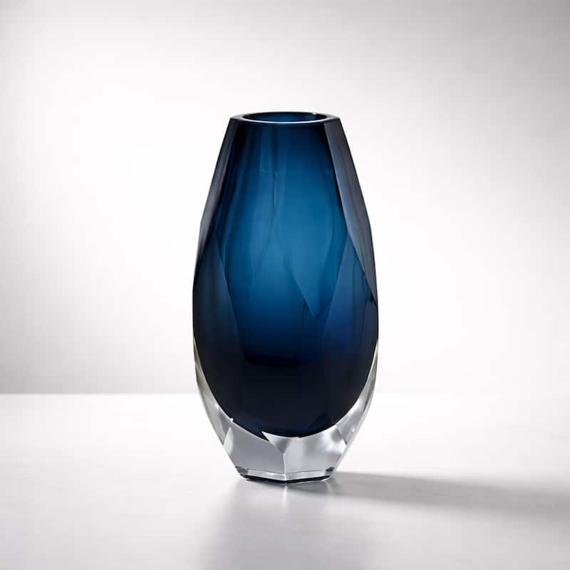 Blue Art Deco Cut Glass Vase with Faceted Base Modern Decor Accent