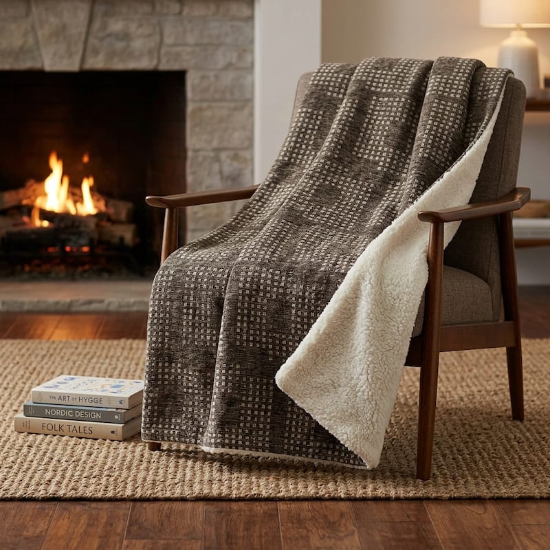 HomeRoots 50" X 70" Brown And Ivory Geometric Polyester Woven Plush Throw Blanket - Throw - Brown/Ivory