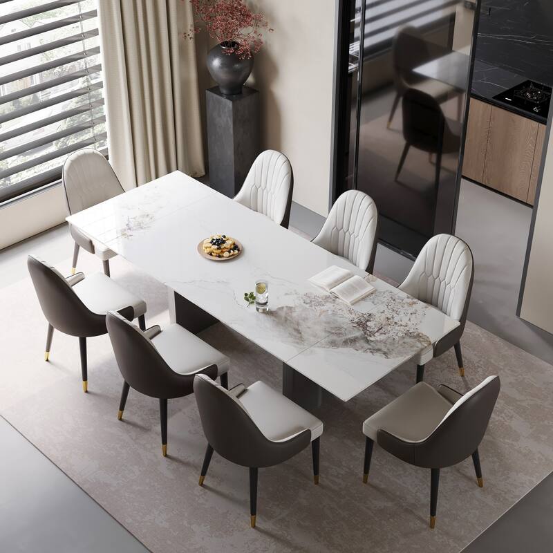 9 - Piece 94.48'' Extendable Sintered Stone Dining Table with 8 Chairs Dining Set - Chanel White & Black leg