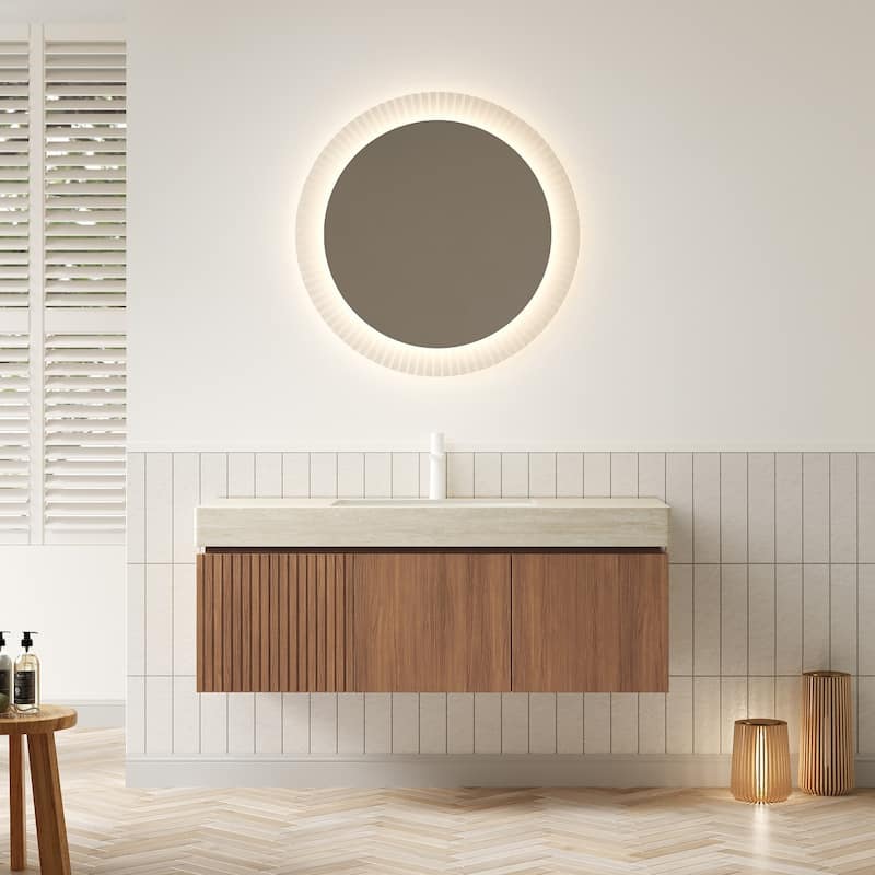 30"/36"/48" Wall-Mounted Bathroom Vanity with Ceramic Sink, Sintered Stone Countertop Floating Bathroom Storage Cabinet - Beige,Brown Oak - 48 Inch