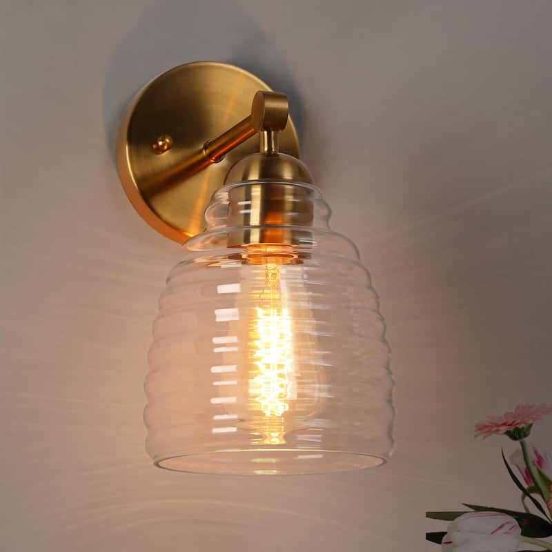 Reno Mid-Century Modern 1-Light Gold Bathroom Vanity Lights Clear Glass Wall Sconce - L 5.5" x W 7.5" x H 9.8"