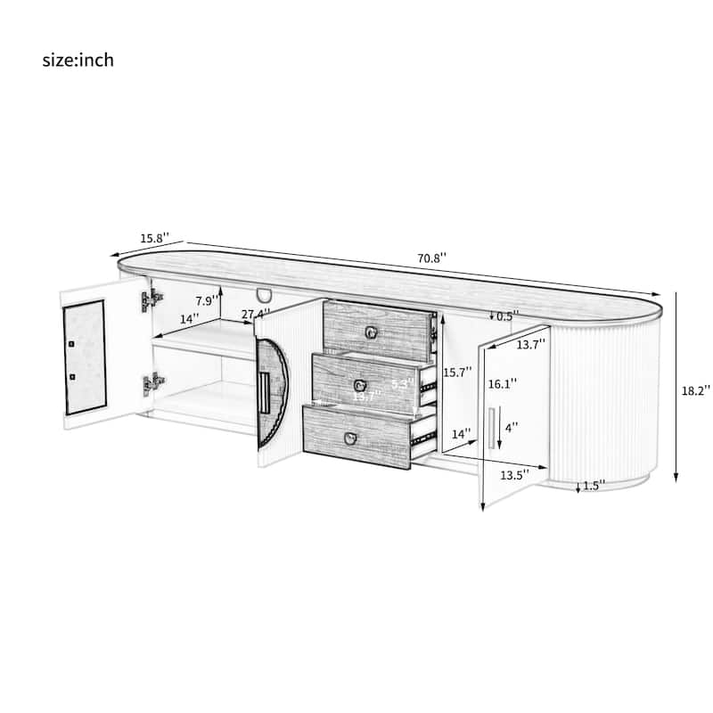 Modern Minimalist TV Stand for TV up to 80 Inches with 3 Drawers, 1 Shelf & 2 Cabinets - 70.8" D x 15.8" W x 18.2" H