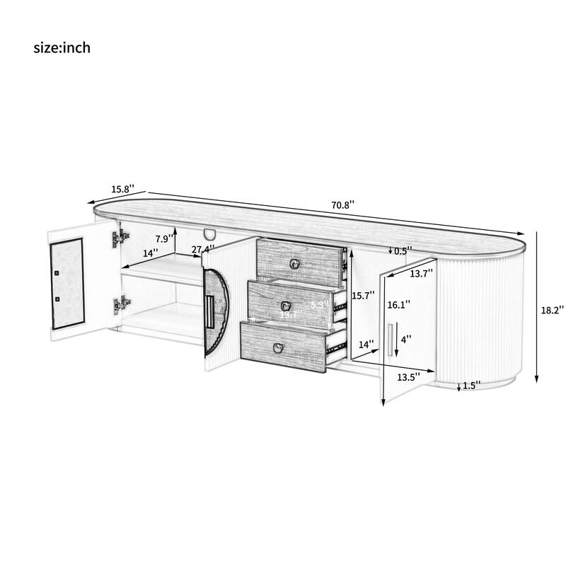 Oval-shaped Top TV Stand for TVs up to 80 Inches, Fluted Media Storage Cabinet TV Console with 3 Drawers