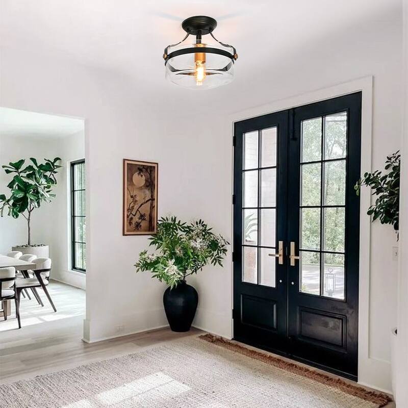 Modern 1-Light Clear Bowl Glass Semi-Flush Mount - 11in.