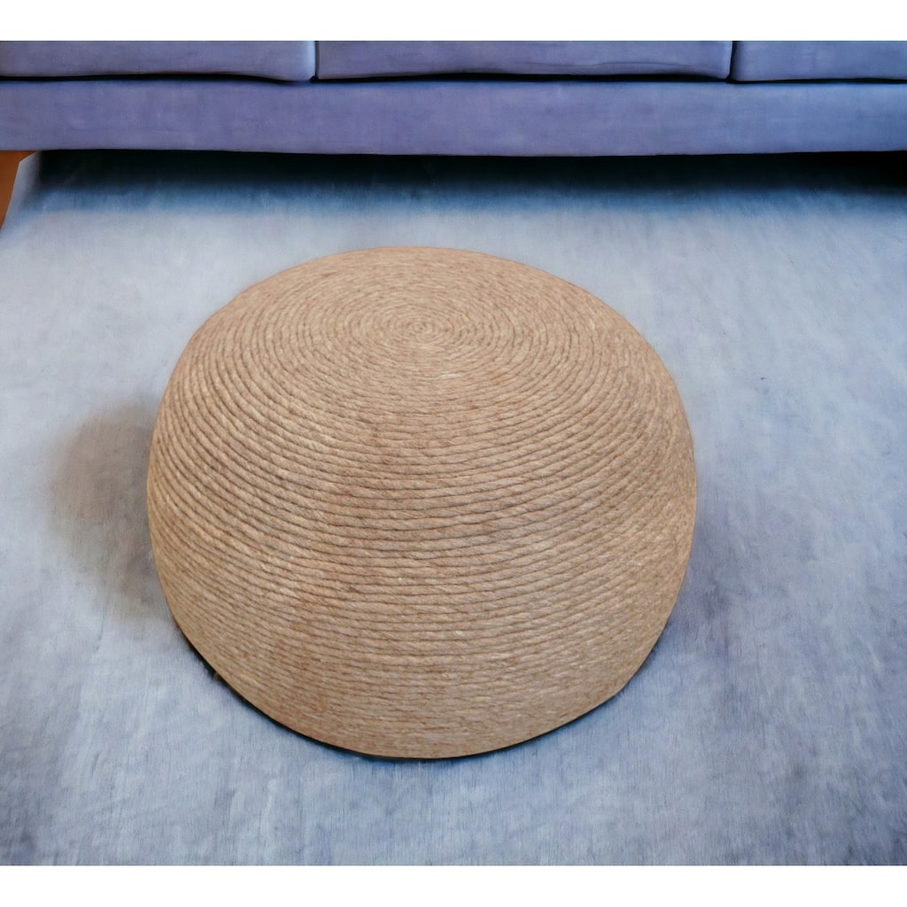 20" Beige Wool Round Ribbed Pouf Ottoman