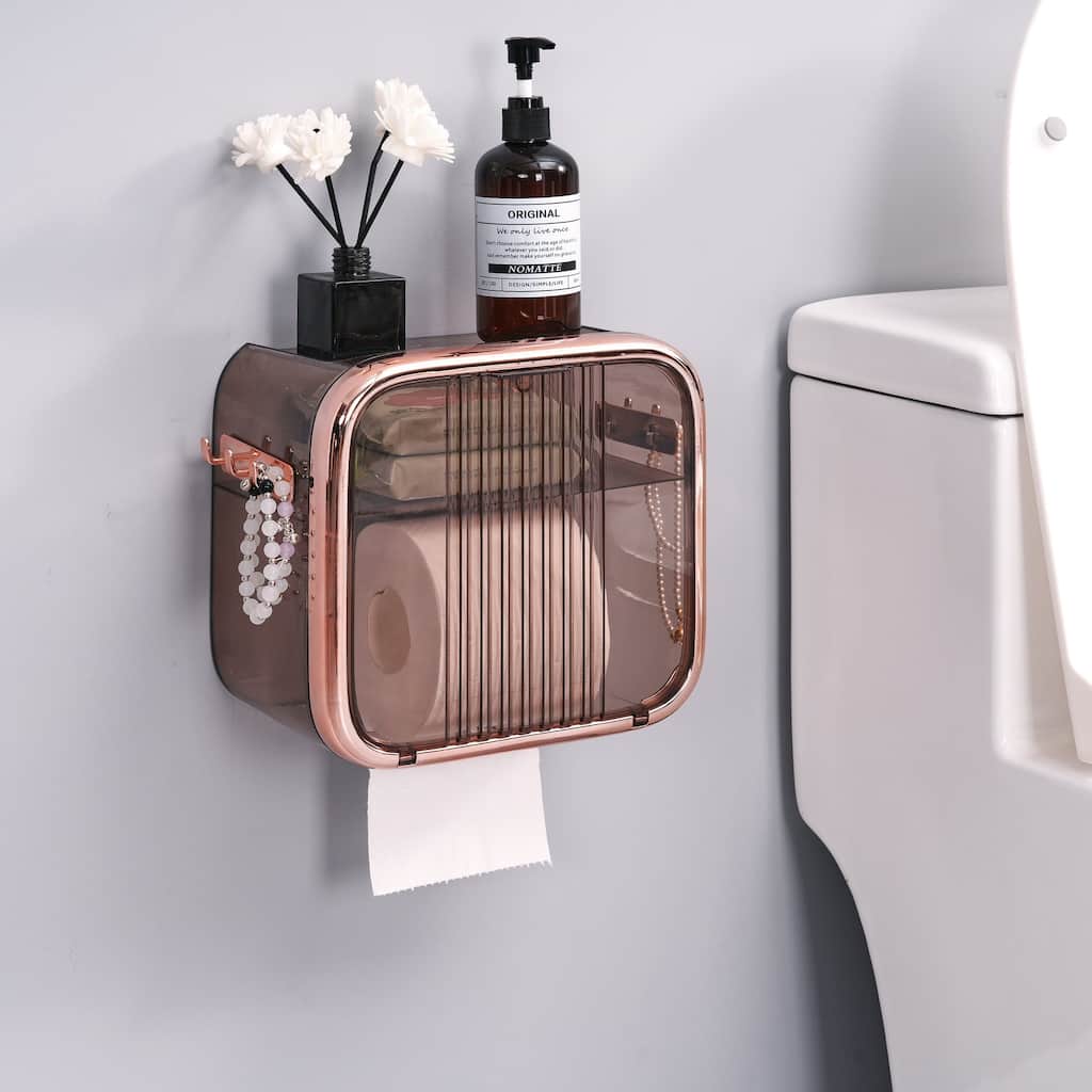 Javlergo Semi-Transparent Brown PET Plastic Wall Mounted Tissue Box Holder with Hooks Self Adhesive Dust Proof Waterproof