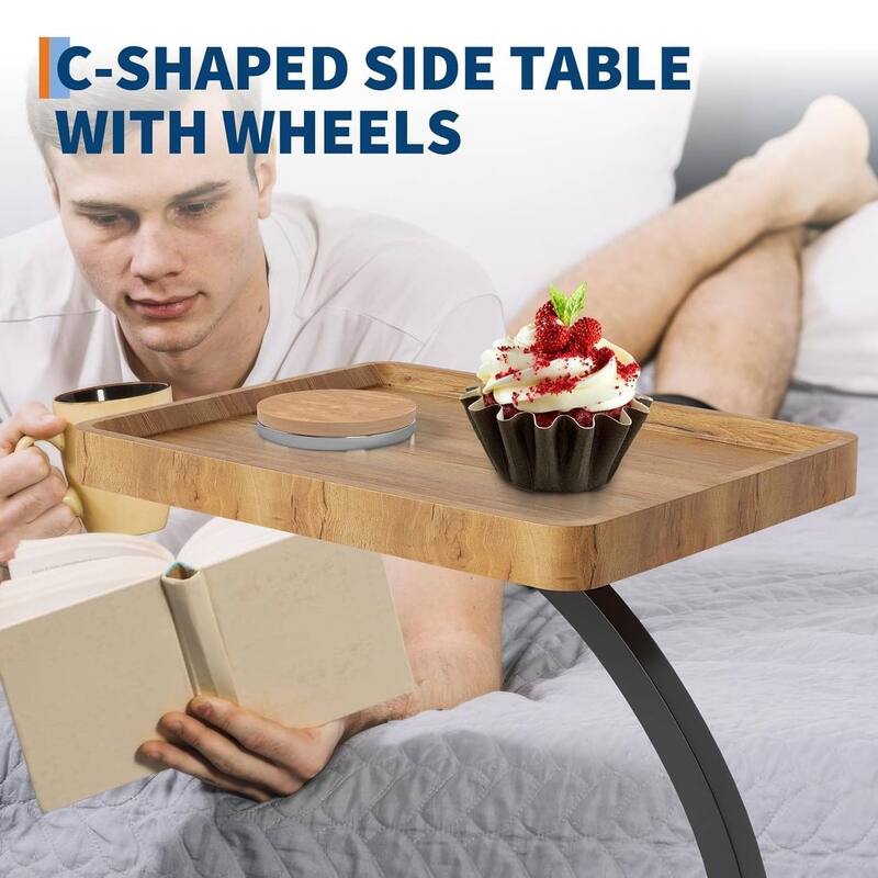 C-Shaped Side Table with Wheels, End Table for Small Spaces