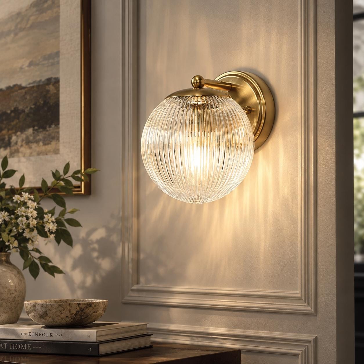 SAVONNERIE 1-Light Modern Luxury Textured Glass Globe Wall Sconce Brass Bathroom Vanity Light - 6.4"W x 8.1"D x 7.7"H