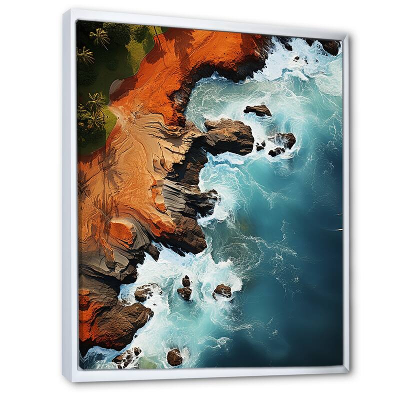 Designart "Rocky Beach Aerial View I" Coastal Beach White Wall Decor - Coastal Hallway Framed Wall Art Decor