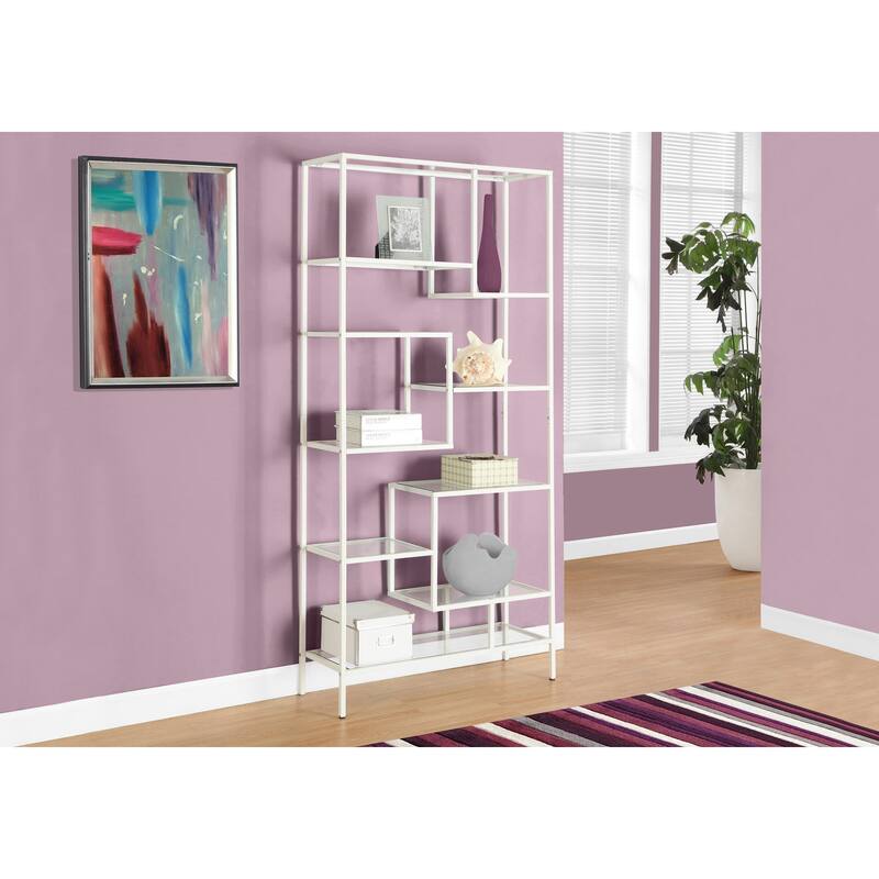 Modern 72"H Metal Frame Etagere Bookcase, Contemporary 9 Tempered Glass Display Shelves Bookshelf, for Living Room
