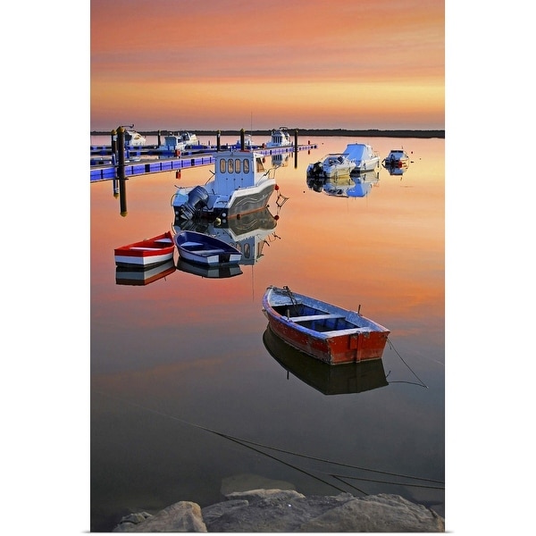 "Moored boats on sea at sunset." Poster Print
