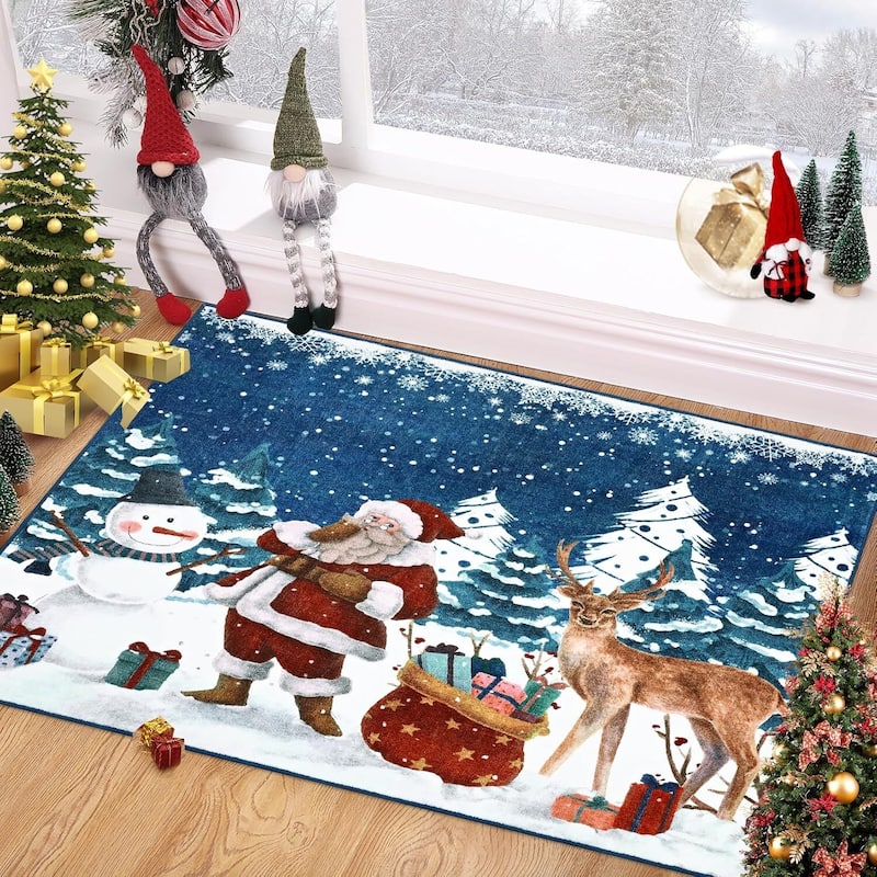Soft Non-Slip Washable Christmas Santa Claus Area Rugs, Xmas Holiday, Blue - 2*3ft
