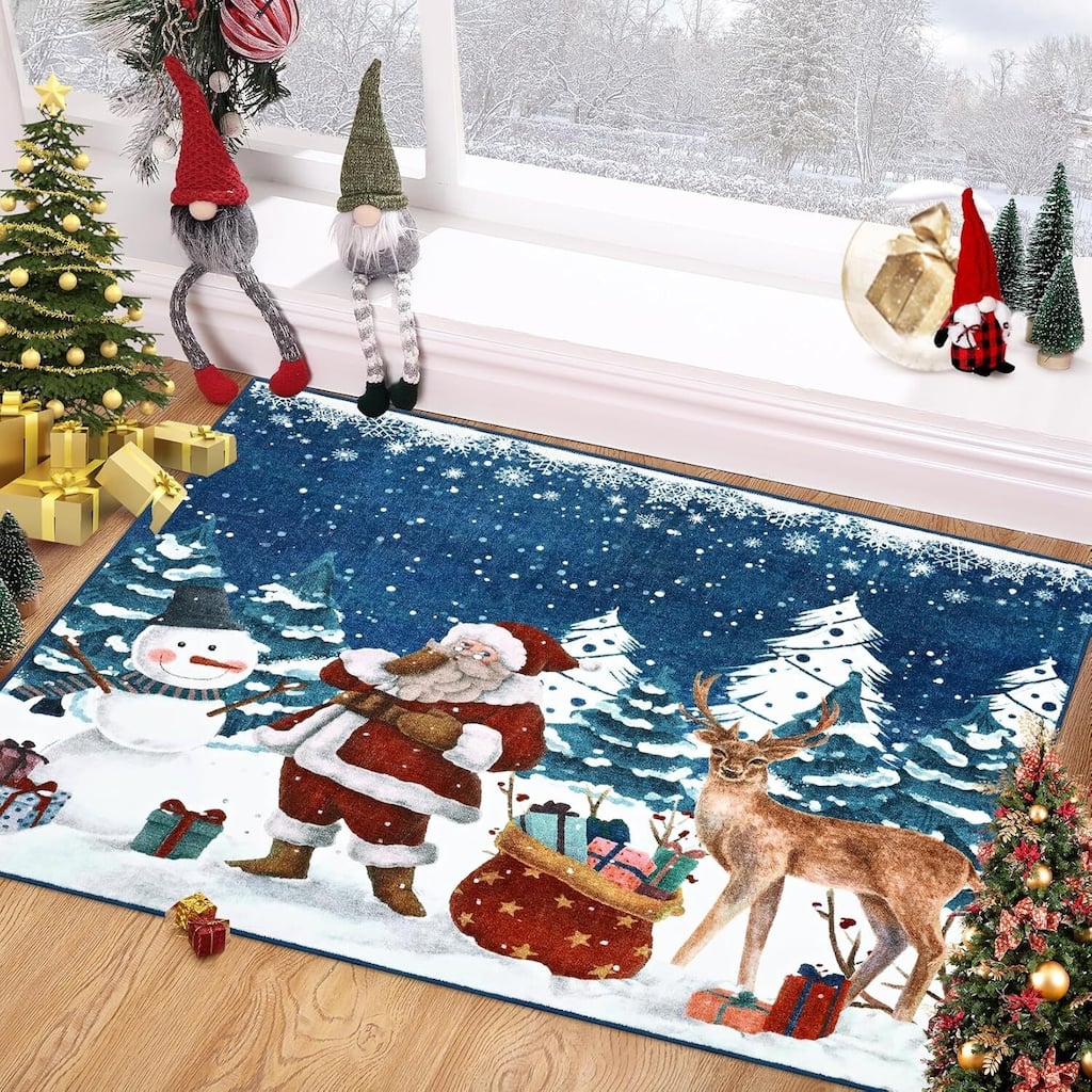 Soft Non-Slip Washable Christmas Santa Claus Area Rugs, Xmas Holiday, Blue