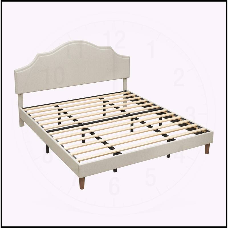 Linen Fabric Padded Platform Bed with Adjustable Headboard