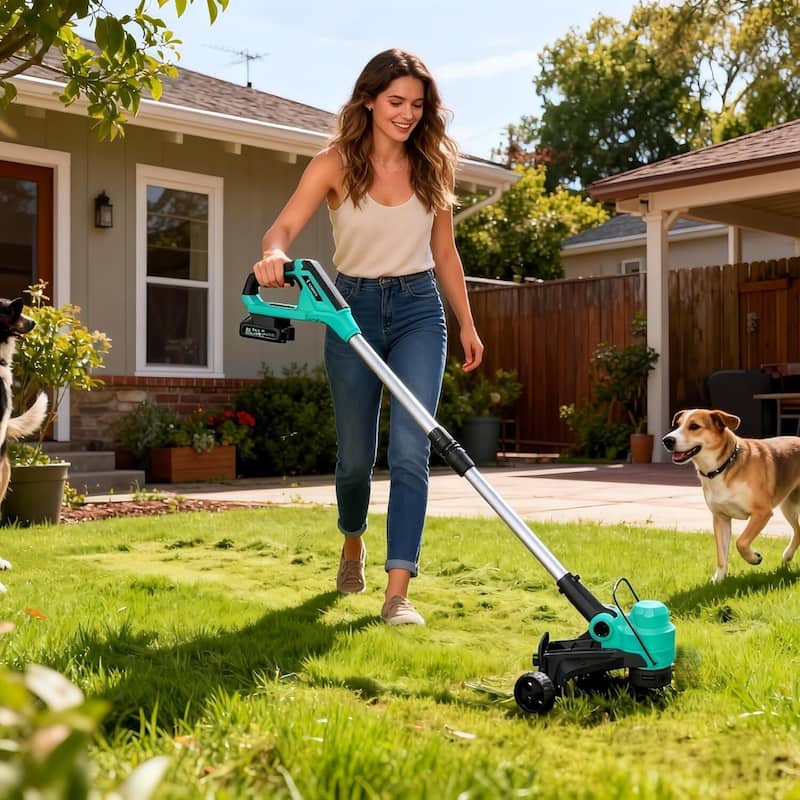 12" Cordless Weed Wacker, Grass Trimmer with Wheels, 8 pcs Spools Lines - Blue
