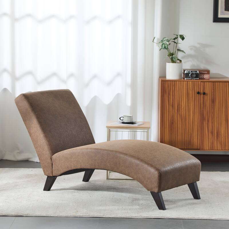 Roomfitters Modern Faux Leather Chaise Lounge with Curved Seat and Angled Wood Legs, Dark Coffee