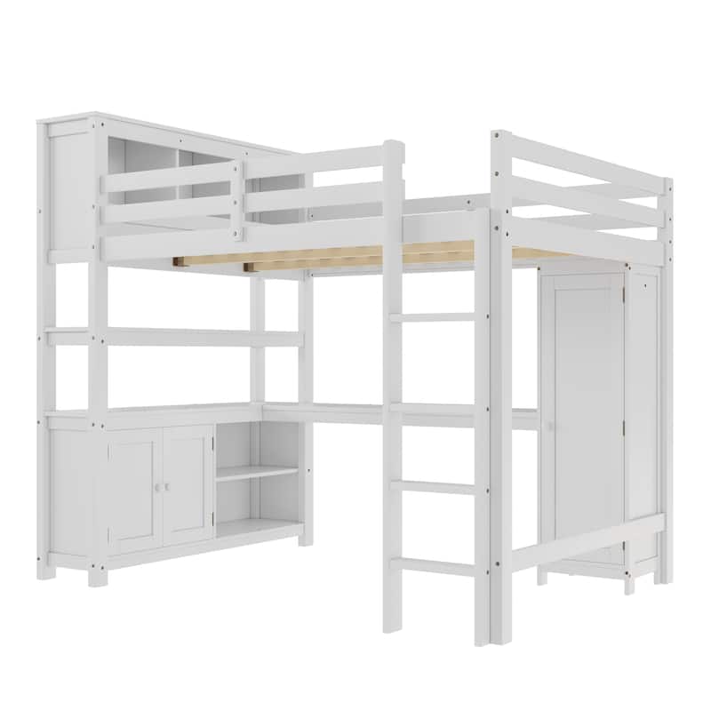 All-in-One Queen Size Loft Bed with L Shape Desk, Bookcase Headboard, Storage Cabinet and Built-in Wardrobe with Hanging Pole