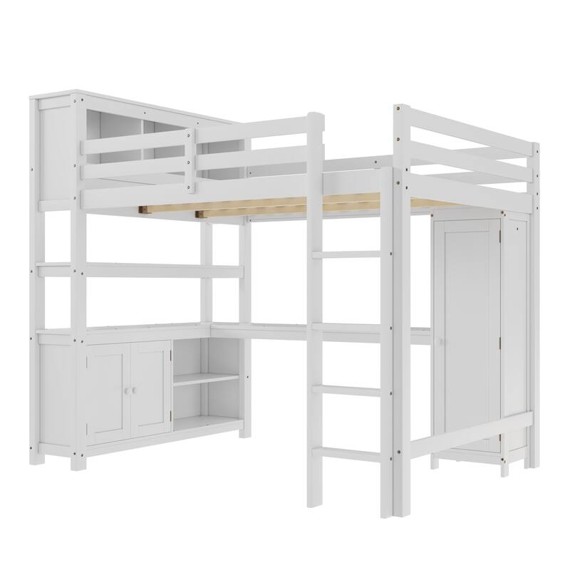 Wood Loft Bed with Cabinet and Bookshelf, Queen Size Loft with Wardrobe and Desk for Kids
