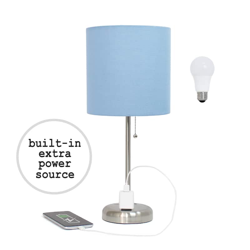 Simple Designs 9.5" Desk Lamp with Charging Outlet and LED Bulb Included - 19.50 - Brushed Steel/Blue Shade