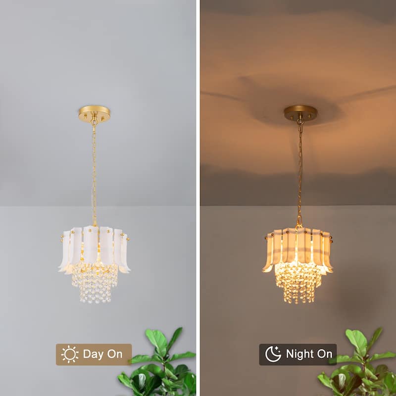 Brushed Gold Crystal Pendant Light with White Ceramic Shades Dining - Dia.9.84-in