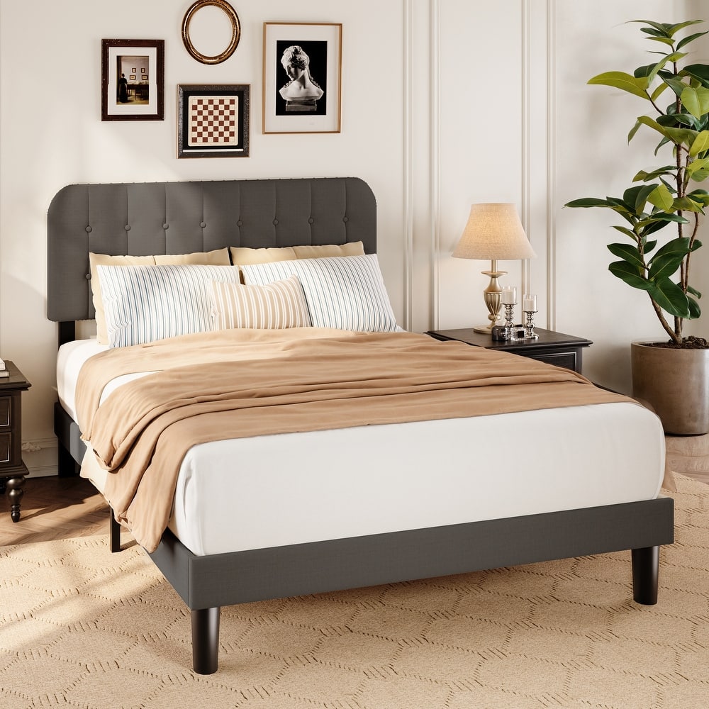 Full / Queen / King Bed Frame with Headboard, Upholstered Platform Bed with Sturdy Wooden Slats