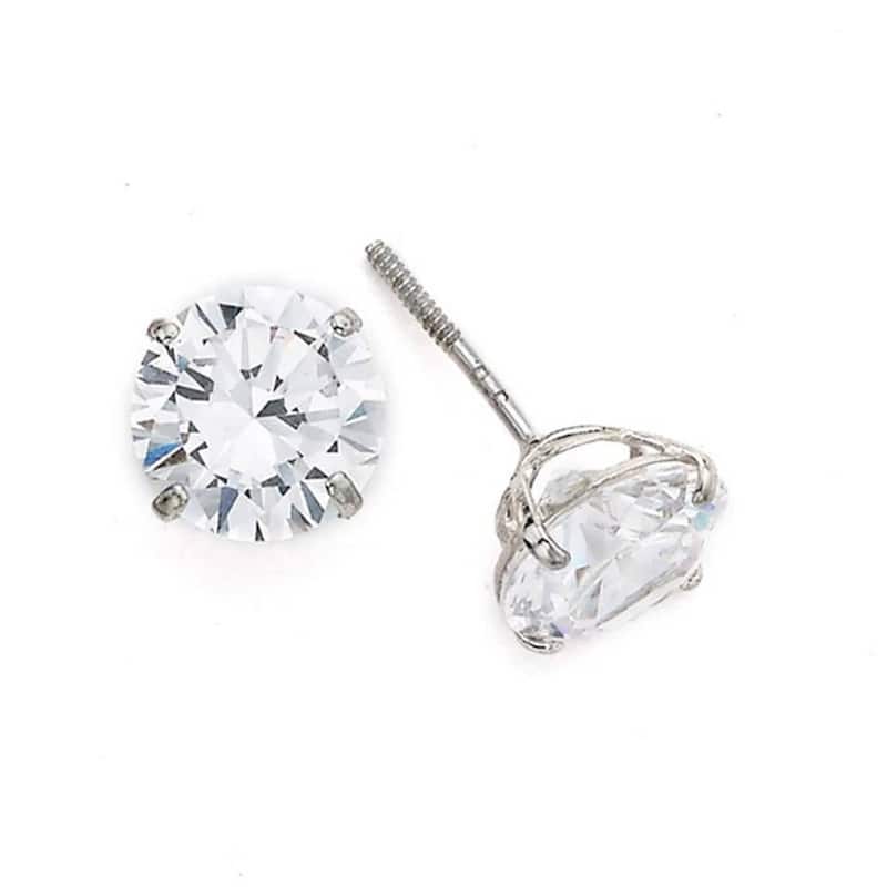 14K White Gold 6mm Round Cubic Zircornia Birthstone Basket-Set Solitaire Screw-back Stud Earrings (12 colors)