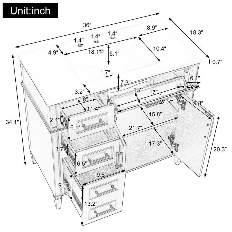 36 Inch Bathroom Vanity with Sink, White Single Sink Vanity with 4 Drawers (1 Flip Drawer), 2 Doors & Adjustable Shelf
