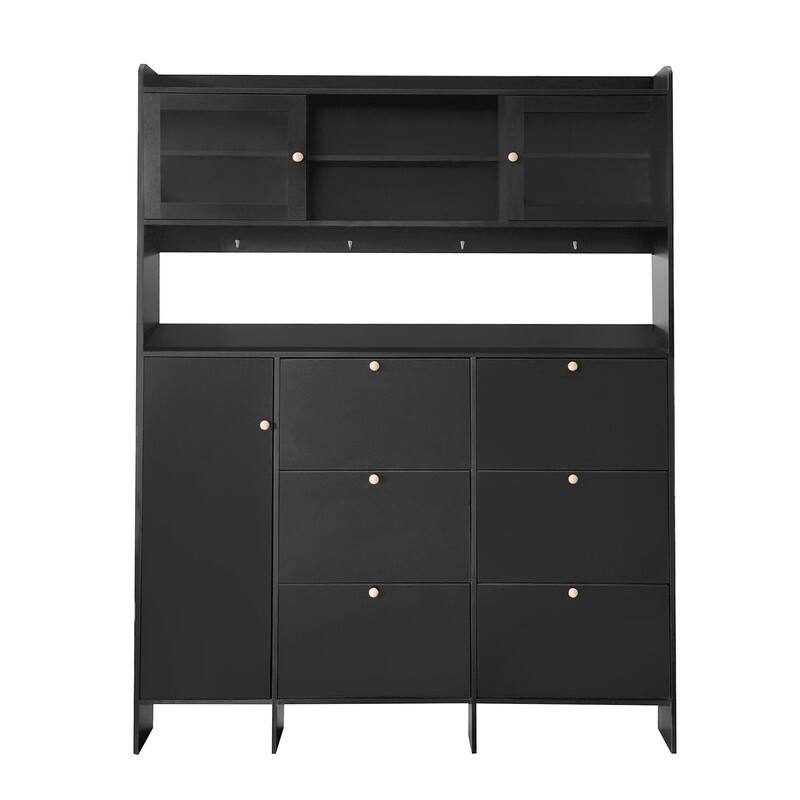 Multifunctional Large Hall Tree with Tempered Glass Doors,Storage Shelf,6 Flip Shoe Drawers and 4 Hooks