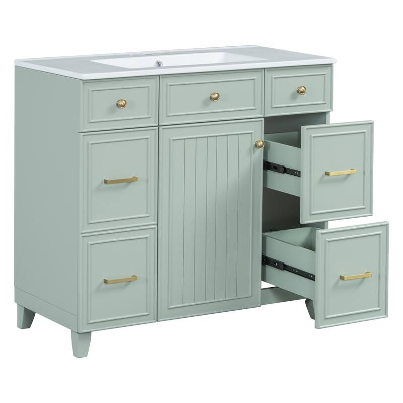 36 Inch Freestanding Bathroom Vanity with White Ceramic Basin and Door and Drawers